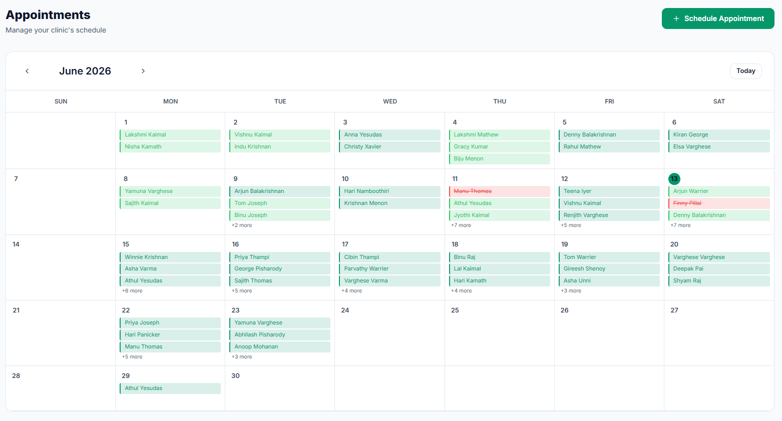 Monthly appointment calendar for June 2026