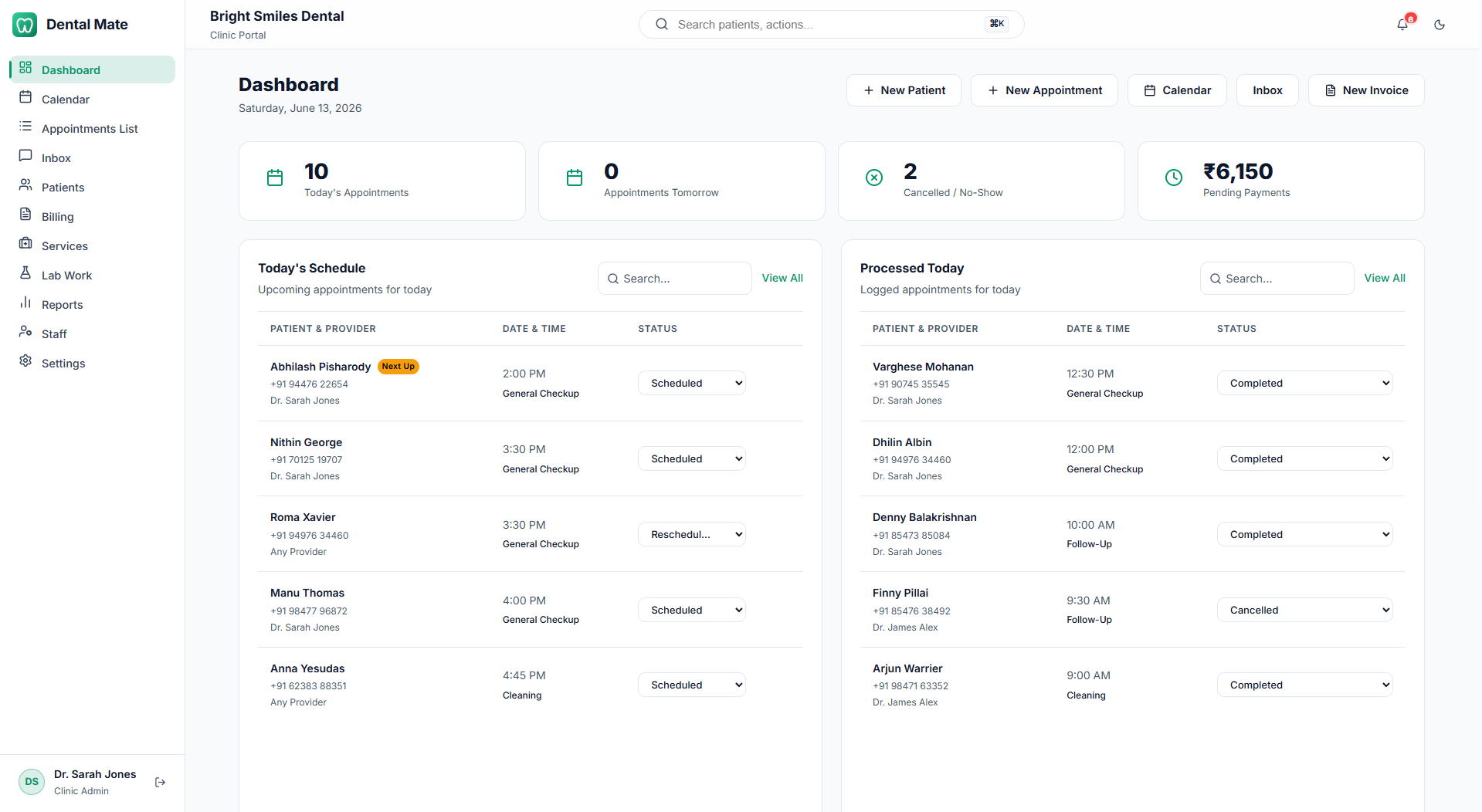 Dental Mate clinic dashboard showing today's appointments and revenue stats
