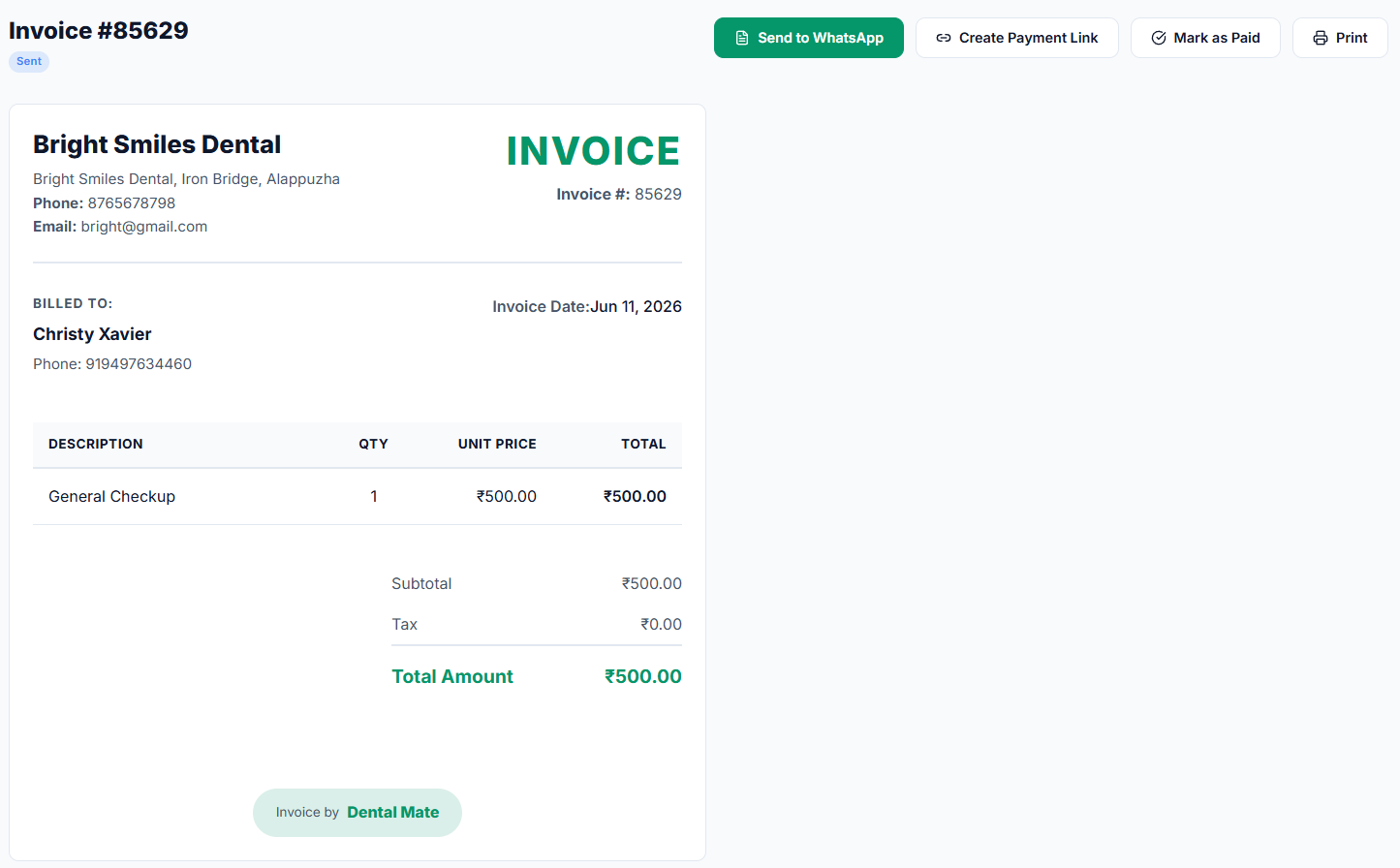 Invoice detail with Send to WhatsApp and payment link options