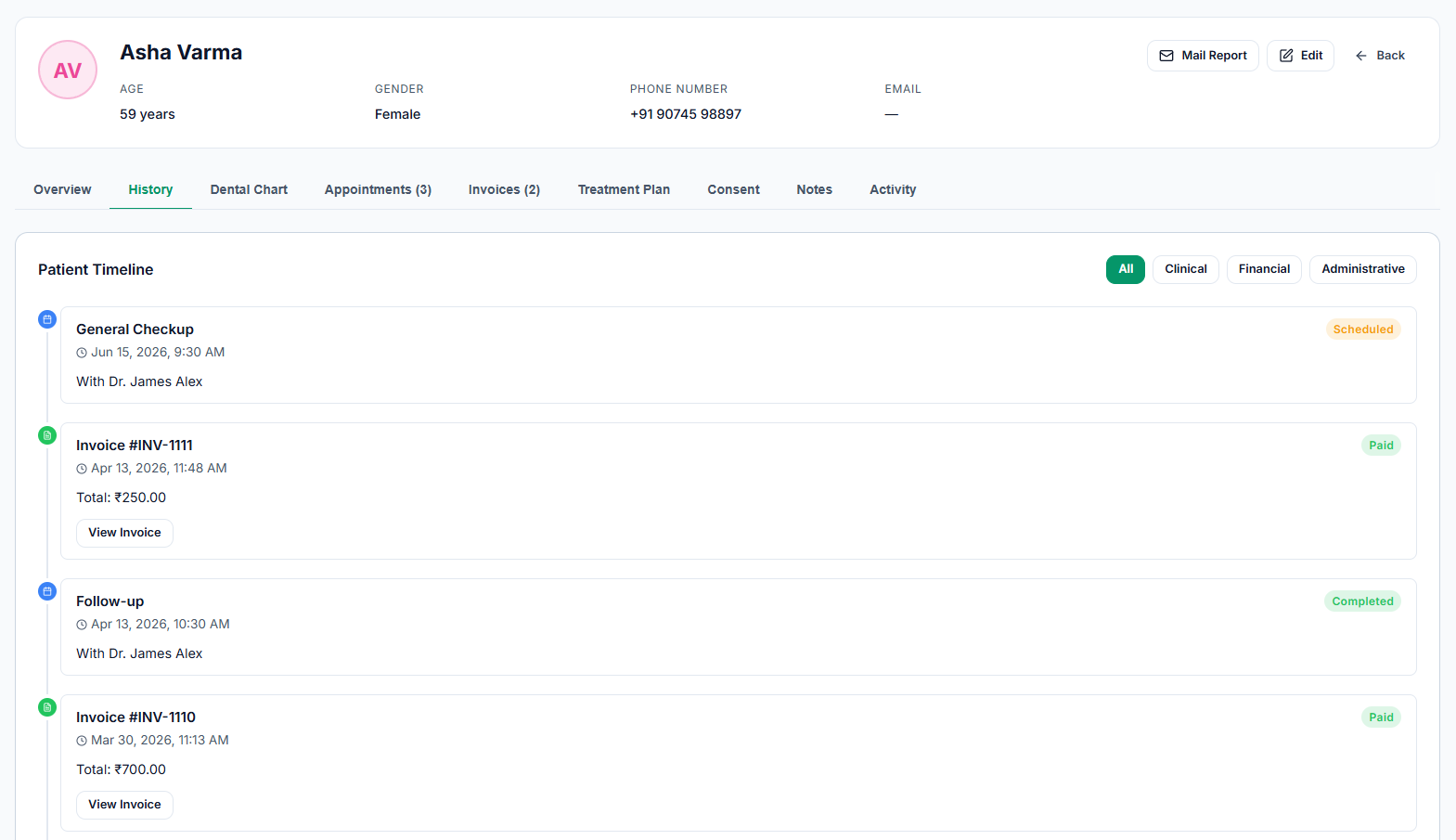 Patient profile showing history timeline